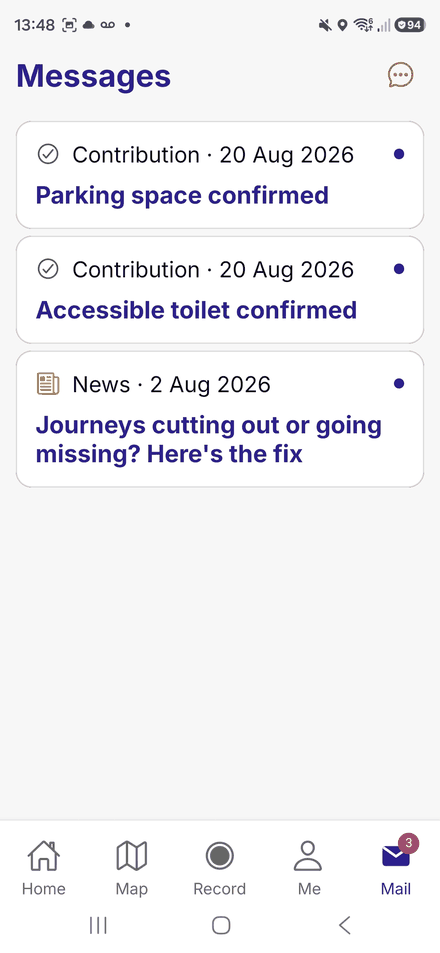 The Messages screen, showing two contribution-confirmed notifications and a news item