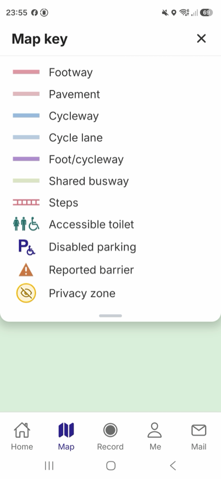 The Map key, listing footway, pavement, cycleway, cycle lane, foot/cycleway, shared busway and steps, plus markers for accessible toilet, disabled parking, reported barrier and privacy zone