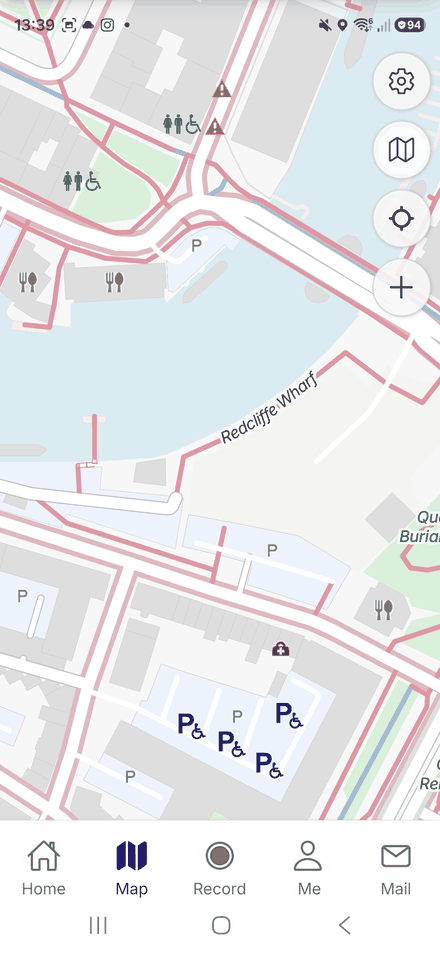 The Map tab, showing footways and paths with barrier, accessible toilet and disabled parking markers