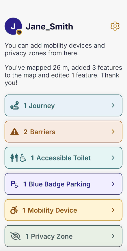 The Me screen: profile name, then Journeys, Barriers, Accessible Toilets, Blue Badge Parking, Mobility Devices and Privacy Zones buttons