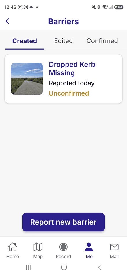 The Barriers list under Me, with Created, Edited and Confirmed tabs and a Report new barrier button