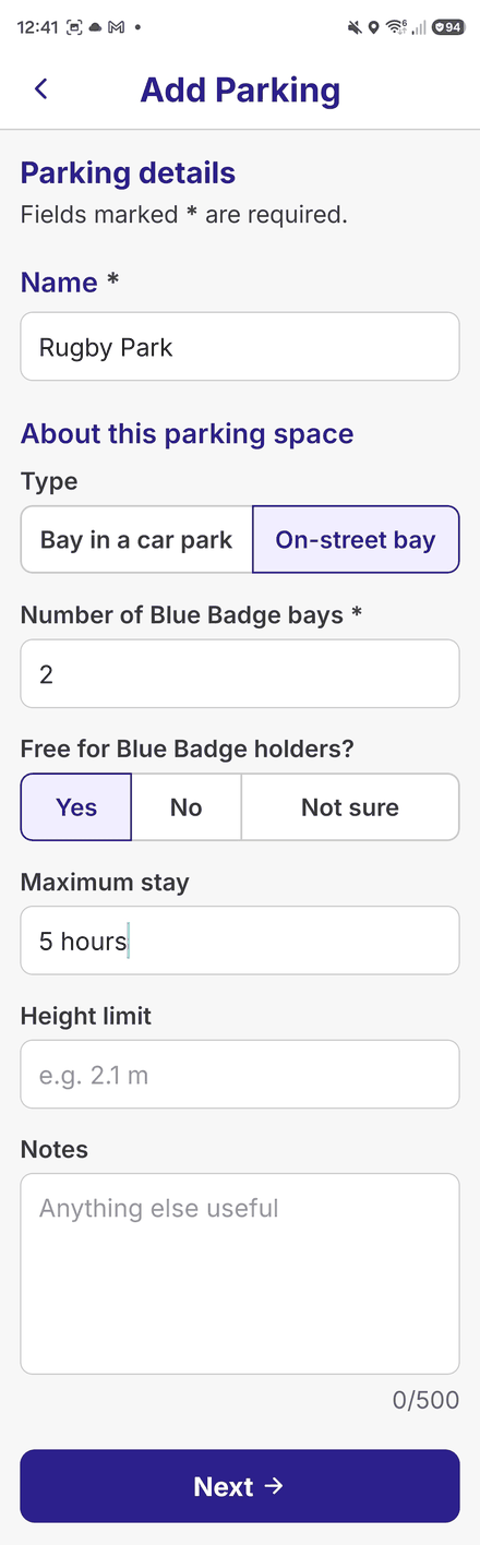 Parking details: name, bay in a car park or on-street, number of Blue Badge bays, free for Blue Badge holders, maximum stay and height limit