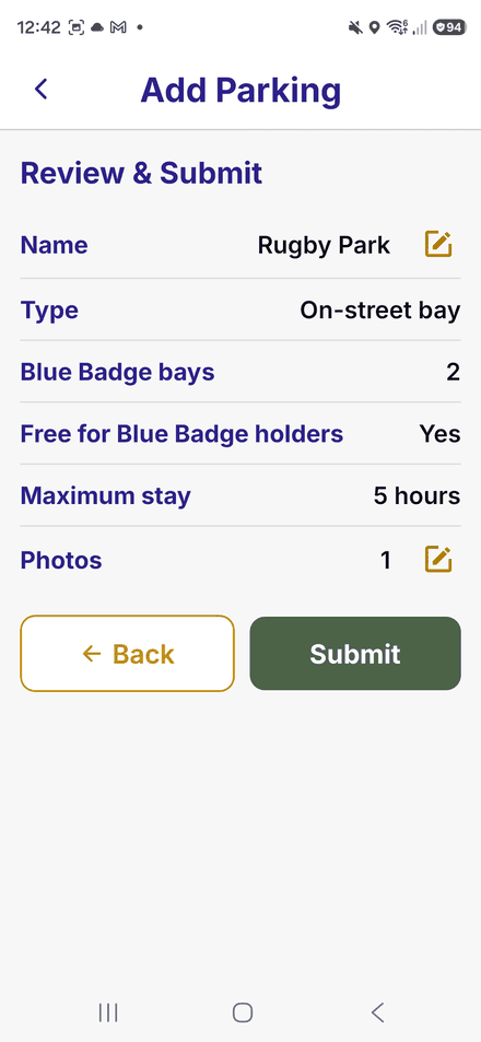 Review and Submit for a parking space, listing its details with a Submit button