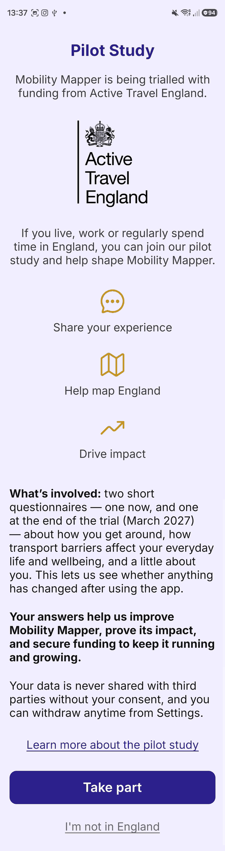 The Pilot Study screen, with the Active Travel England logo, a Take part button and an I'm not in England link