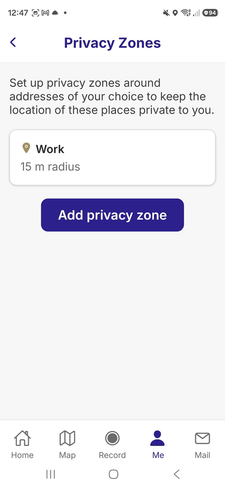 The Privacy Zones screen, showing a zone called Work with a 15 metre radius and an Add privacy zone button