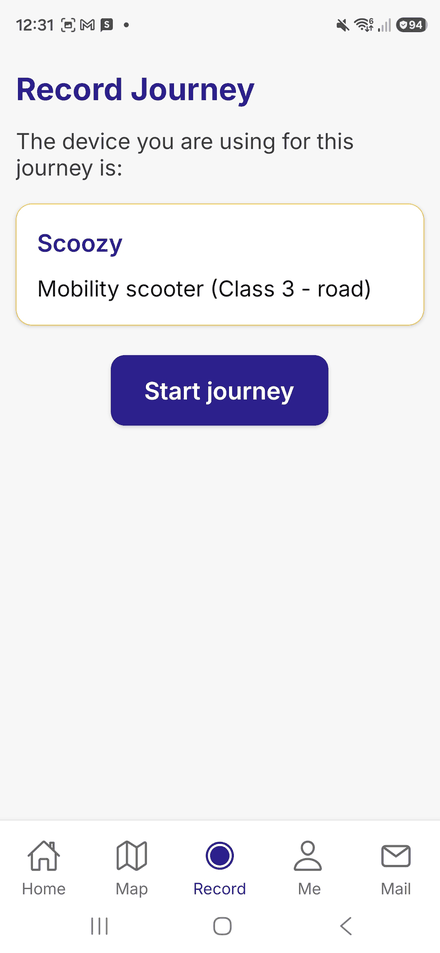 The Record Journey screen, showing the selected mobility device and a Start journey button