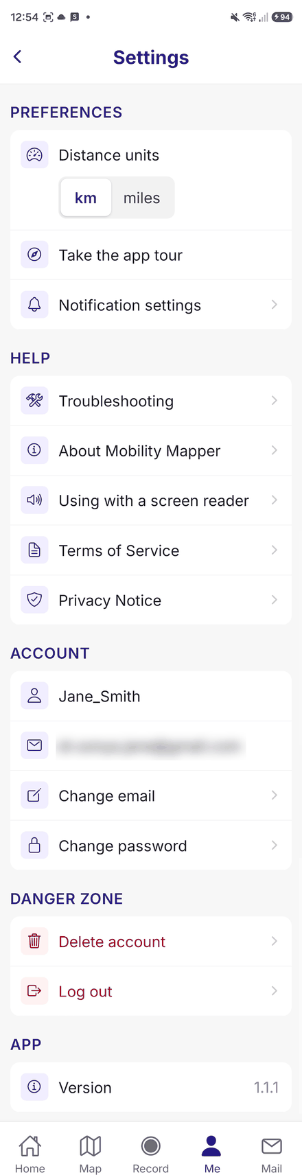 Settings: distance units, Take the app tour and Notification settings, Help entries, account details, and Delete account and Log out in a danger zone. The account email is blurred in this screenshot.