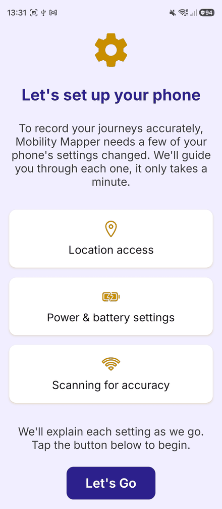 The Let's set up your phone screen, listing Location access, Power and battery settings, and Scanning for accuracy, with a Let's Go button