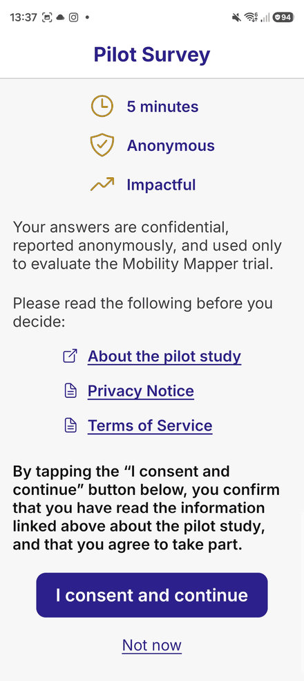The Pilot Survey consent screen: 5 minutes, anonymous, with links to the study information and an I consent and continue button