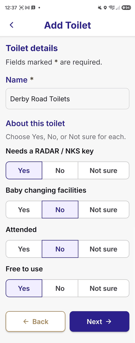 Toilet details: name, then Yes/No/Not sure choices for RADAR key, baby changing, attended and free to use