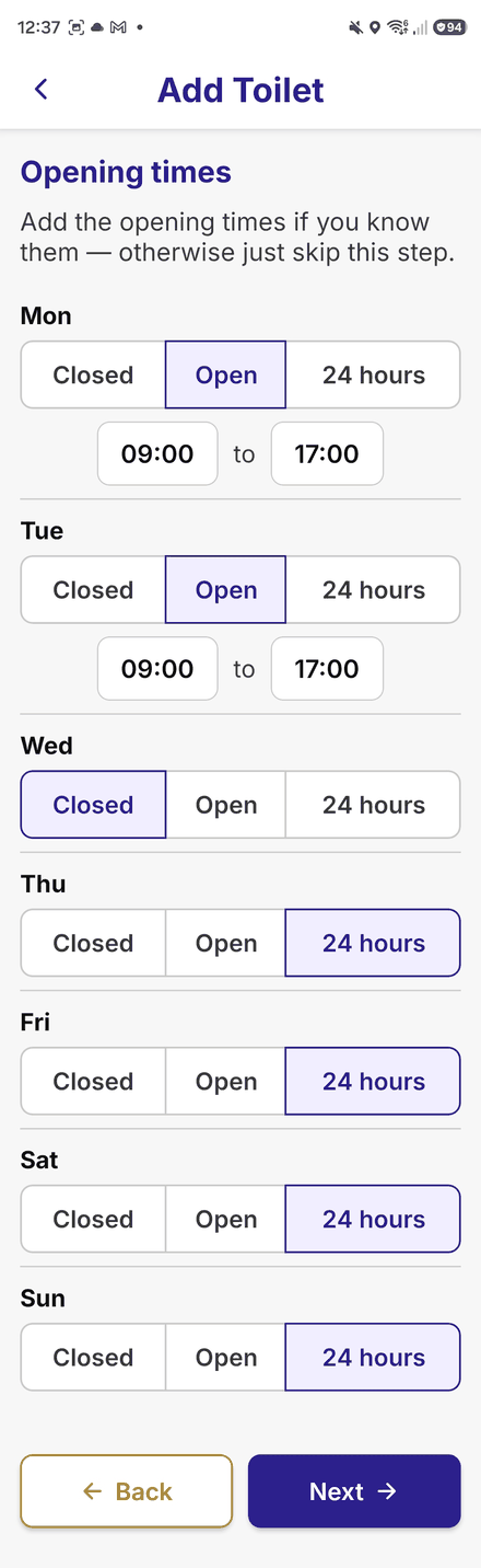 The toilet opening times step, with Closed, Open and 24 hours choices per day