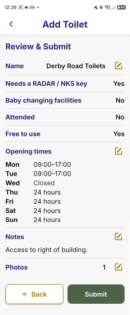 Review and Submit for a toilet: name, facilities, opening times, notes and photo, with a Submit button