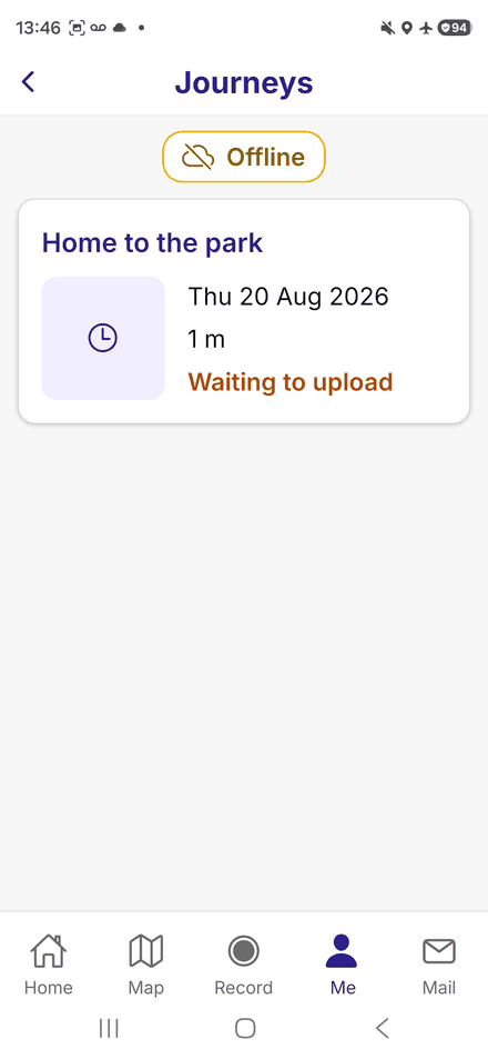 The Journeys list with a journey marked Waiting to upload
