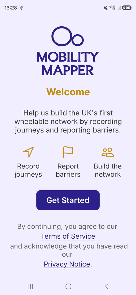 The Welcome screen, listing what Mobility Mapper does, with a Get Started button